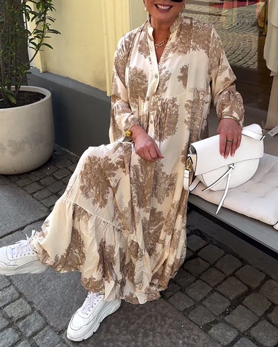 Maxikleid mit Print, Volantärmeln & Stehkragen – Stilvoll & Luftig