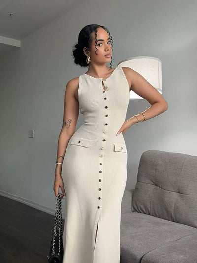 Rosamund | Elegantes Knopfdetail Ärmellos-Maxikleid – Zeitlose Klasse & Raffinesse