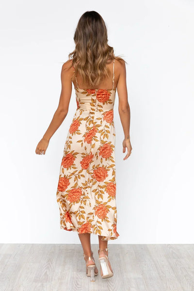 Satiniertes Midikleid – Sommerkleid mit Blumenmuster, Cut-Out & Spaghettiträgern