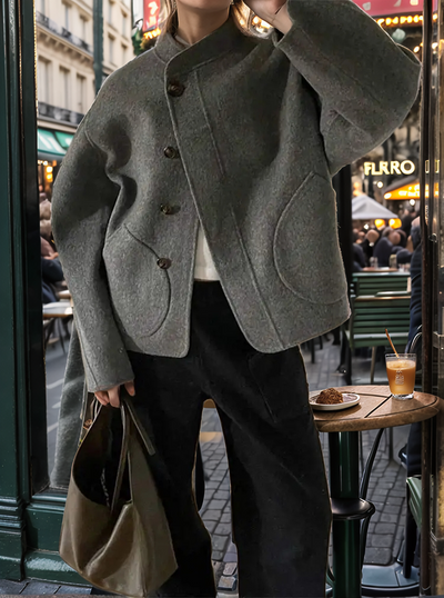 Tina | Lässiger einreihiger Wollmantel mit Stehkragen