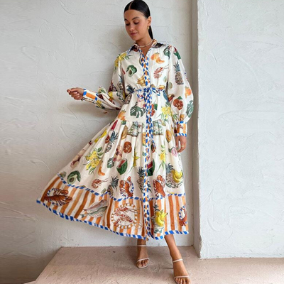 Matilda - Langes Kleid mit Vintage-Print und Polokragen für Damen