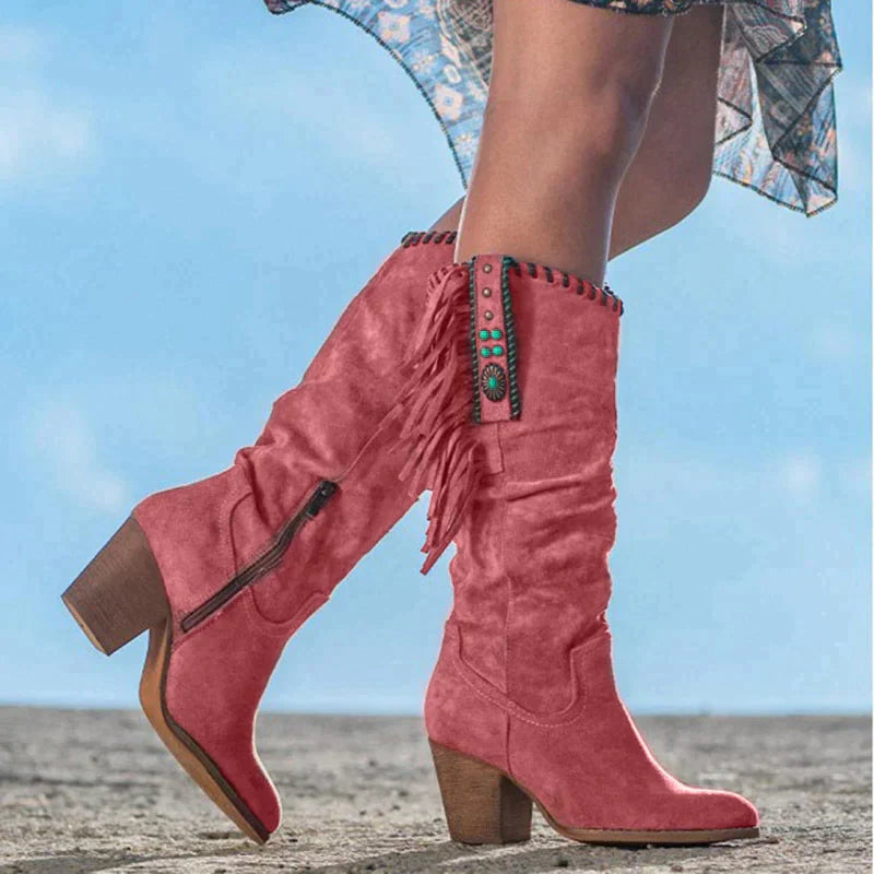 Damen Westernstiefel aus Veganem Leder mit Fransen – Boho Look