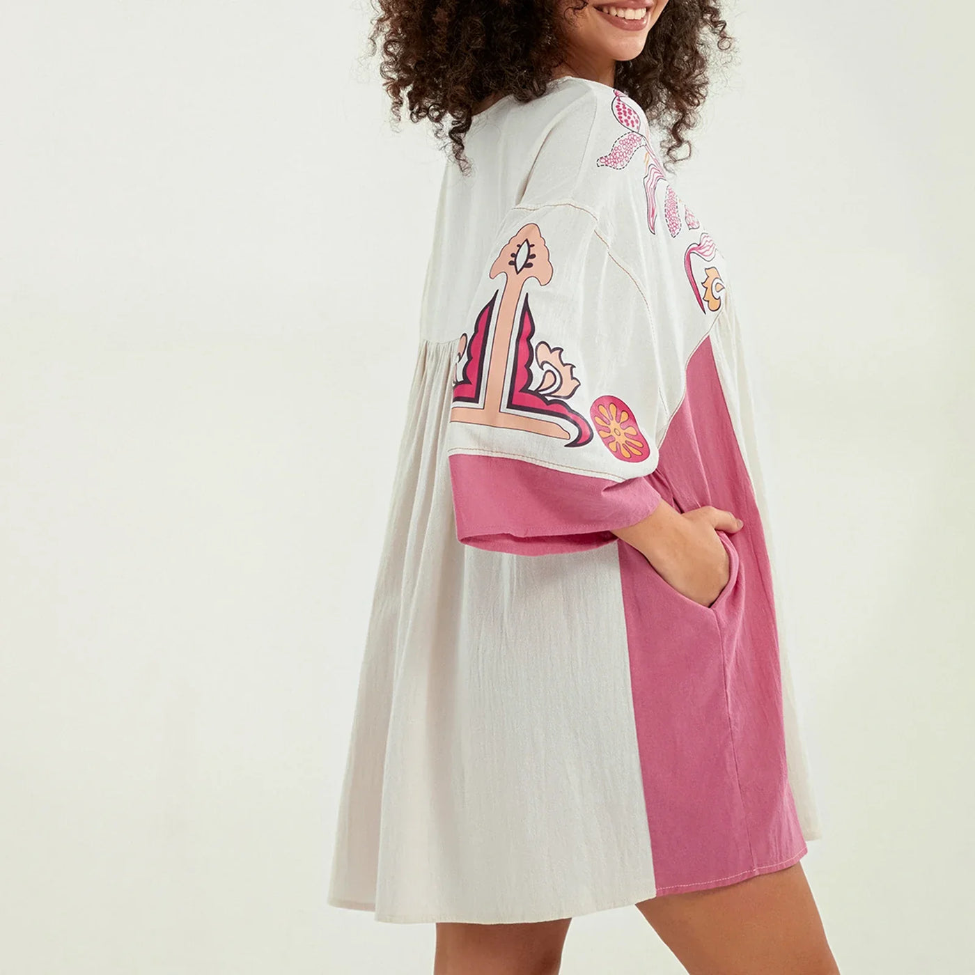 Lässiges Oversize Boho Damen Minikleid mit 3/4 Ärmeln