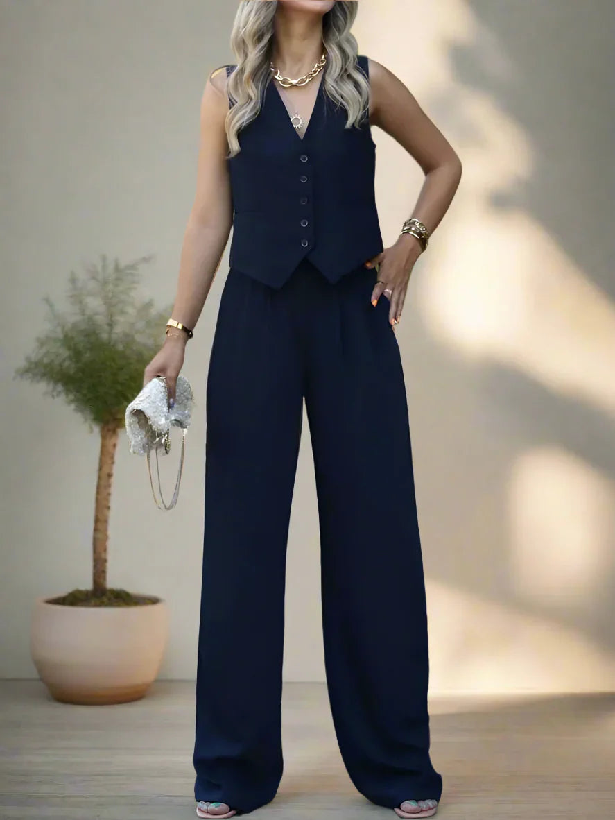 Elegantes Damen Hosenanzug Set mit V-Ausschnitt und weitem Bein