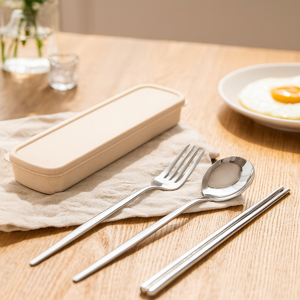 Zeyora | 4-teiliges Reisebesteck- und Essstäbchenset aus Edelstahl mit Halter