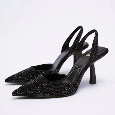 Elegante Schwarze Glitzer-Slingback-Pumps – Veganes Leder, Spitz