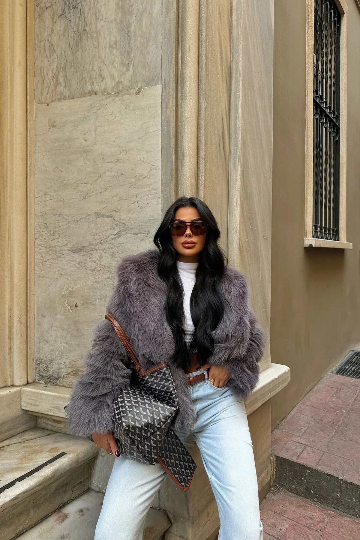 Nora | Kurzpelzmantel für Damen in Anthrazit