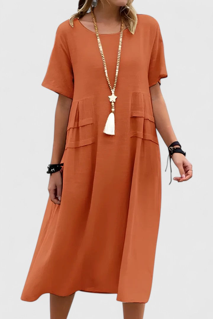 Chloe | Lockeres Midi-Kleid mit kurzen Ärmeln und praktischen Taschen