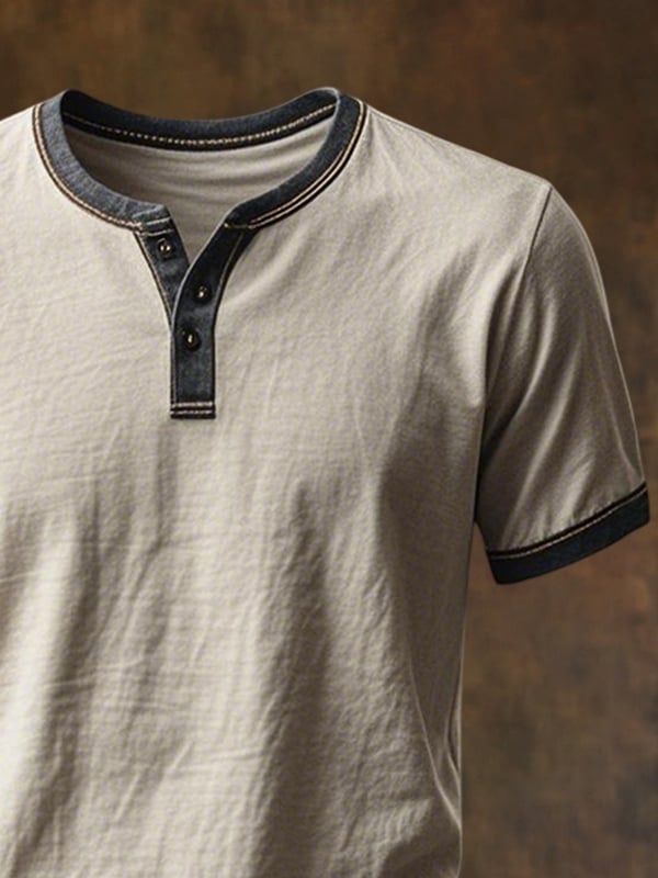Herren Vintage T-Hemd Im Gebrauchter Look Mit Farbblock Und Henley Ausschnitt Kurzärmelig