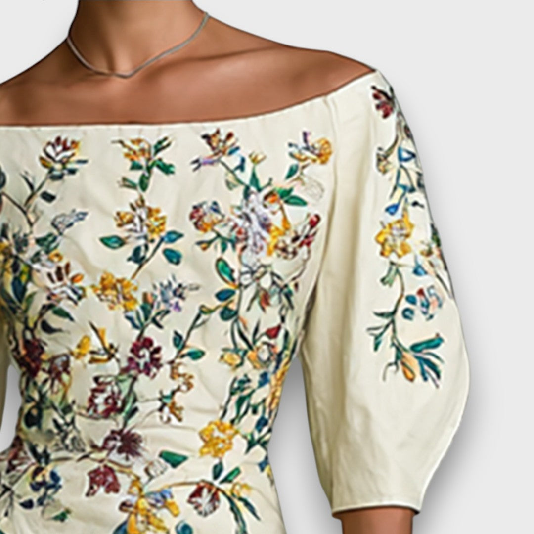 Florisse – Besticktes Midi-Kleid mit Carmen-Ausschnitt