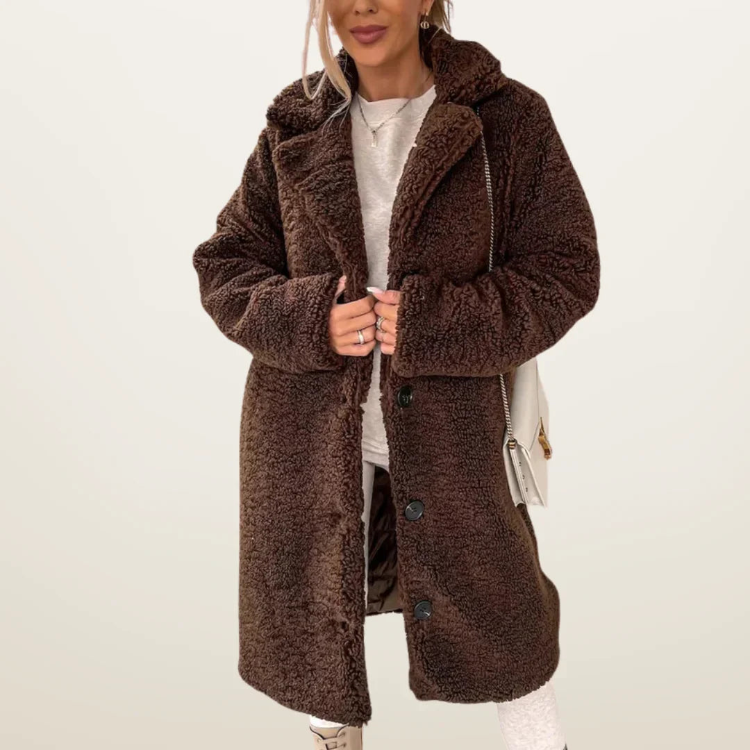 Damen Teddymantel lang mit Knöpfen