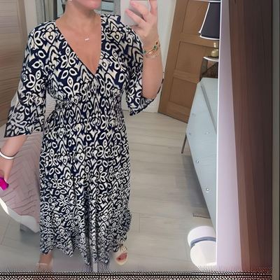 Lockeres Boho-Kleid mit V-Ausschnitt & grafischem Muster – Knöchellang