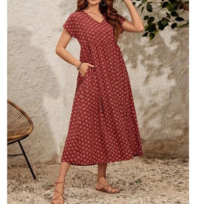 Aganietta - Neues Vintage-Kleid mit V-Ausschnitt aus Leinen und Baumwolle