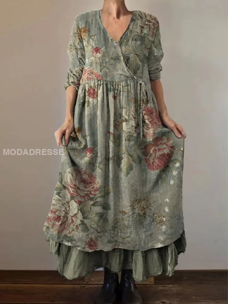 Vintage Chic V-Ausschnitt Midi Kleid mit Retro Blumen Druck und Knopf-Down-Details