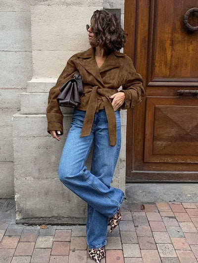 Vydra | Damen Wickelmantel Wildleder Braun Mit Bindegürtel