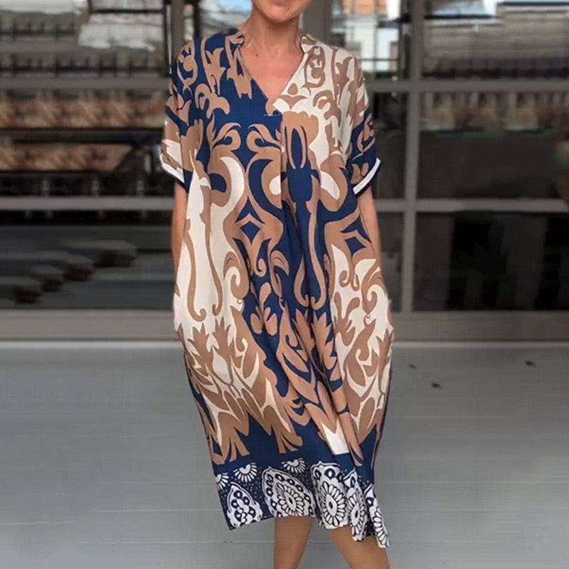 Rilana - V-Ausschnitt Und Lockeres Bedrucktes Midi Kleid