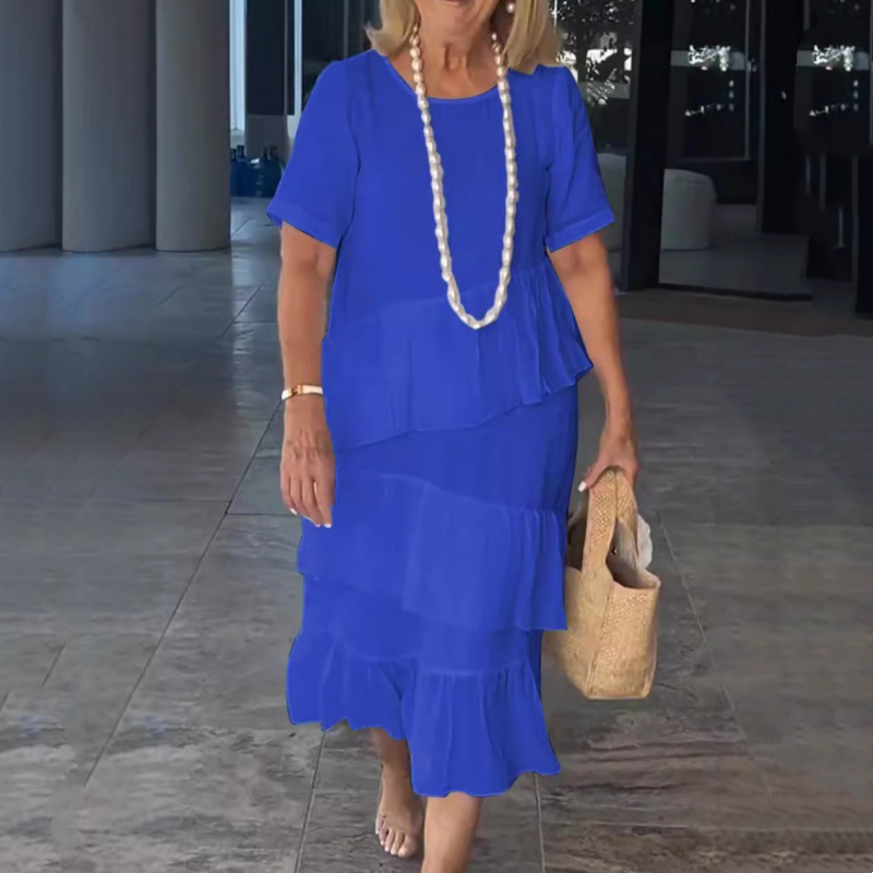 ⏳Begrenzte Zeit 50% Rabatt💥Damen gestuftes, einfarbiges Rundhalskleid