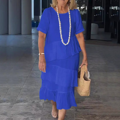 ⏳Begrenzte Zeit 50% Rabatt💥Damen gestuftes, einfarbiges Rundhalskleid