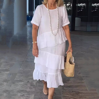 ⏳Begrenzte Zeit 50% Rabatt💥Damen gestuftes, einfarbiges Rundhalskleid