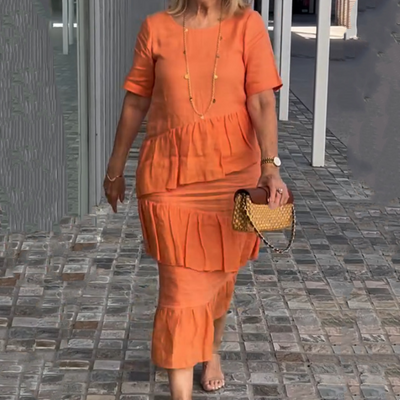 ⏳Begrenzte Zeit 50% Rabatt💥Damen gestuftes, einfarbiges Rundhalskleid