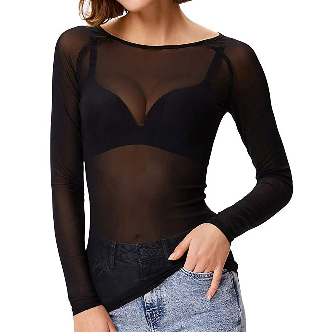 Verführerisches Mesh-Top transparent langärmlig Damen